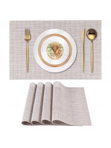 Beige White Placemats Set of 4 - Heat Resistant Non-Slip Table Placemats - Wipeable Washable PVC Plastic Vinyl Woven Tab